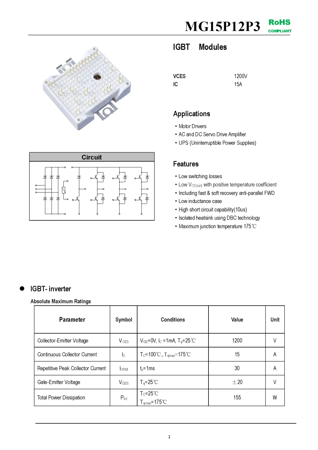 IGBT Modules VCES-1200V IC-15A Low switching losses Low inductance case fetures applications MG15P12P3