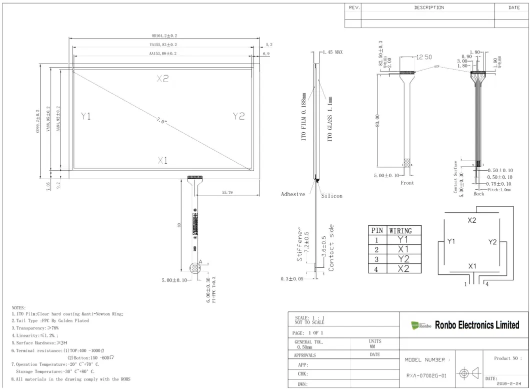 7.0&quot; Inch Resolution 800X480 4-Wire Resistive Touch Screen Display TFT Module / RGB 50pin