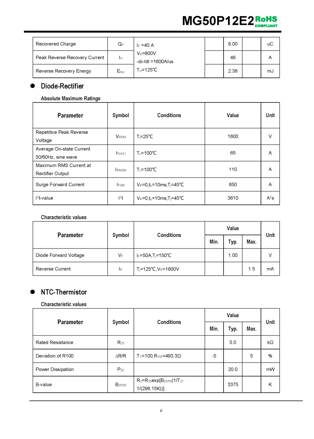 IGBT Modules VCES-1200V IC-50A Low Vce(sat) with Planner technology High short circuit capability(10us) MG50P12E2