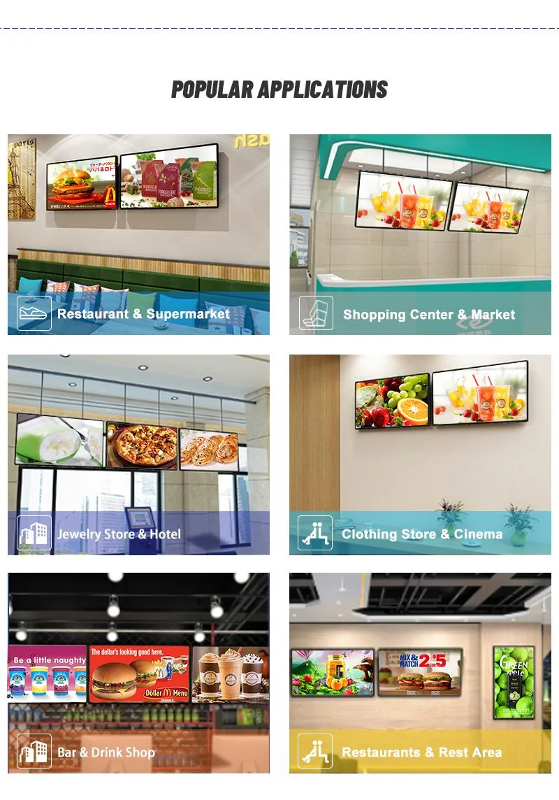 Indoor Wall Mounted Display Screen LCD Flat Screen TV for Advertising Restaurant Digital Menu Signage Without Touch