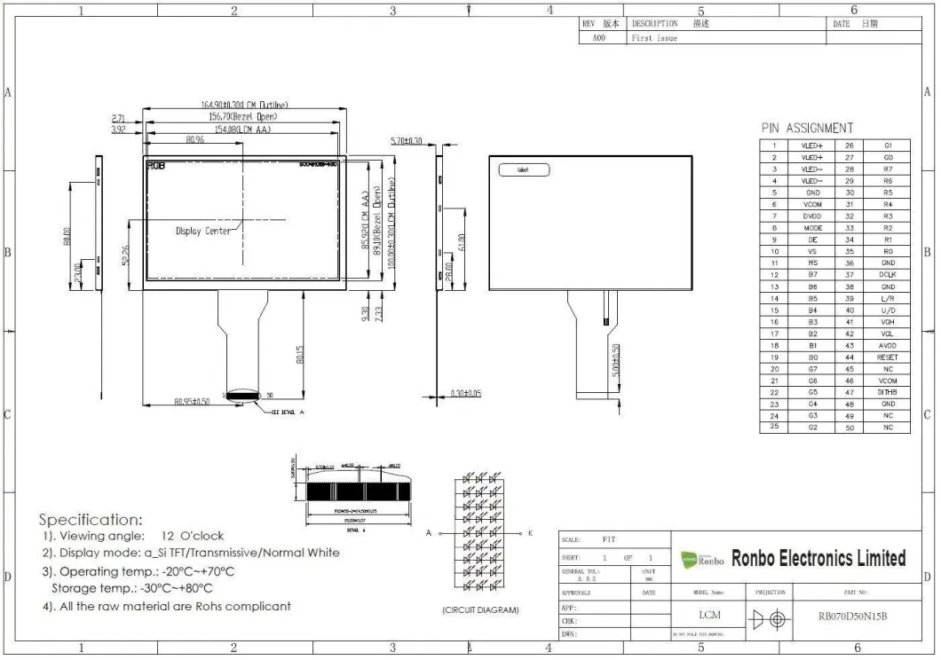 7.0&quot; Inch Resolution 800X480 4-Wire Resistive Touch Screen Display TFT Module / RGB 50pin