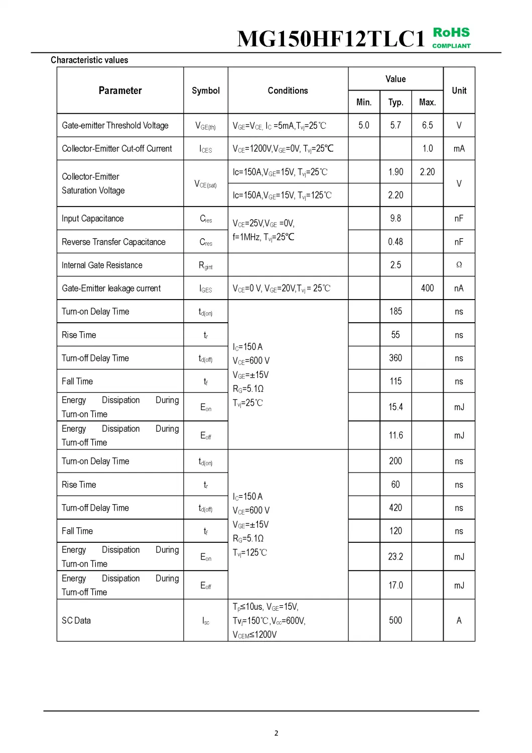 IGBT Modules VCES-1200V IC-150A Low inductance High short circuit capability(10us) fetures applications MG150HF12TLC1-1