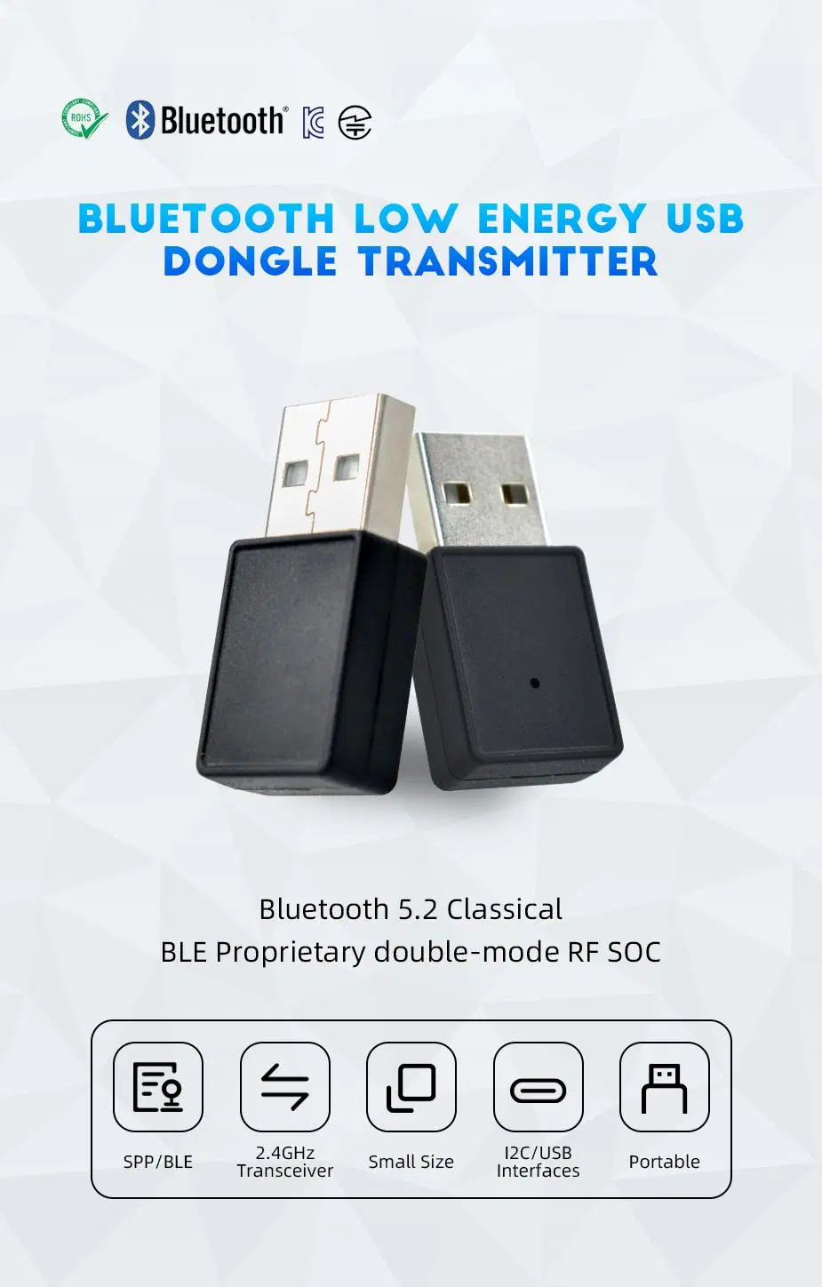 Programmable Low Cost Spp/BLE Dual-Mode I2c/USB PC Laptop Bluetooth Adapter with 5dBm Maximum Output Power