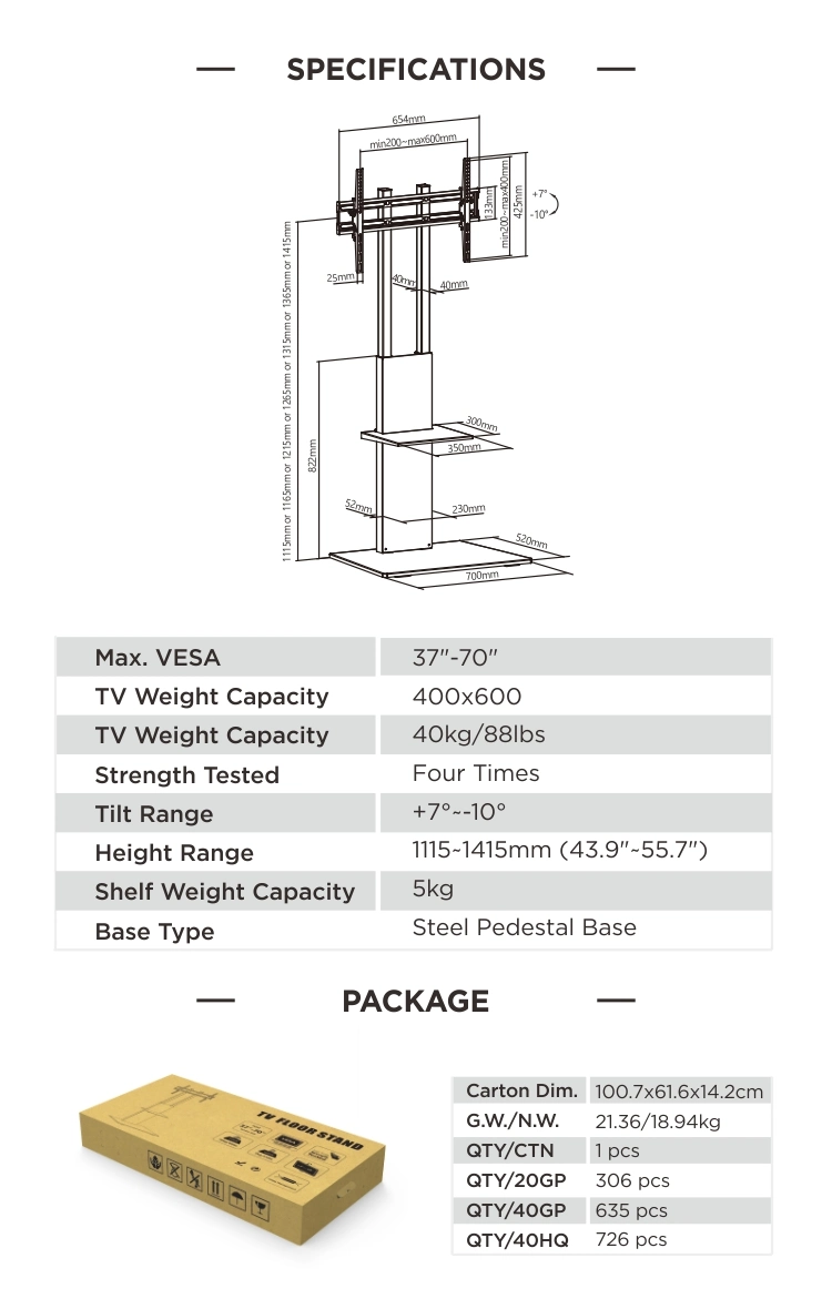 Modern Living Room Furniture Slim Height Adjustable TV Display Floor Stand with Equipment Shelf for LCD LED OLED TVs