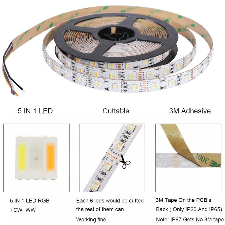 SMD5050 60LEDs/M Flexible Strip Light Rgbcct 5 in 1 IP20/65/67/68