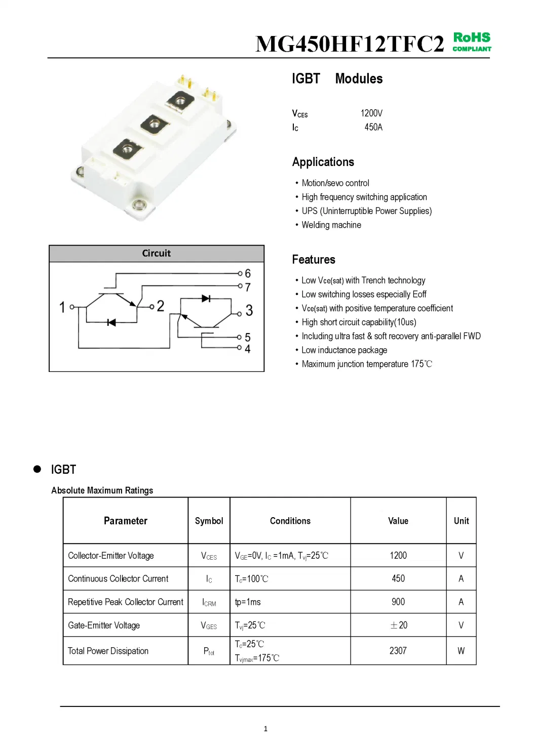 IGBT Modules VCES-1200V IC-450A Low switching losses especially Eoff Low inductance package MG450HF12TFC2