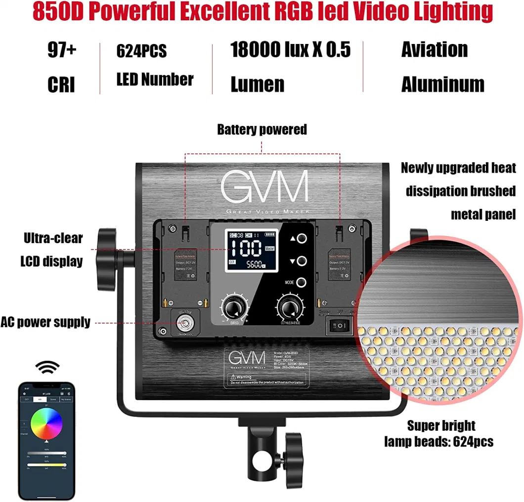 Gvm RGB Video Lighting, 360&deg; Full Color LED Video Light with APP Control, 3 Packs 850d Photography Lighting Kit CRI 97, Youtube, Aluminum Alloy