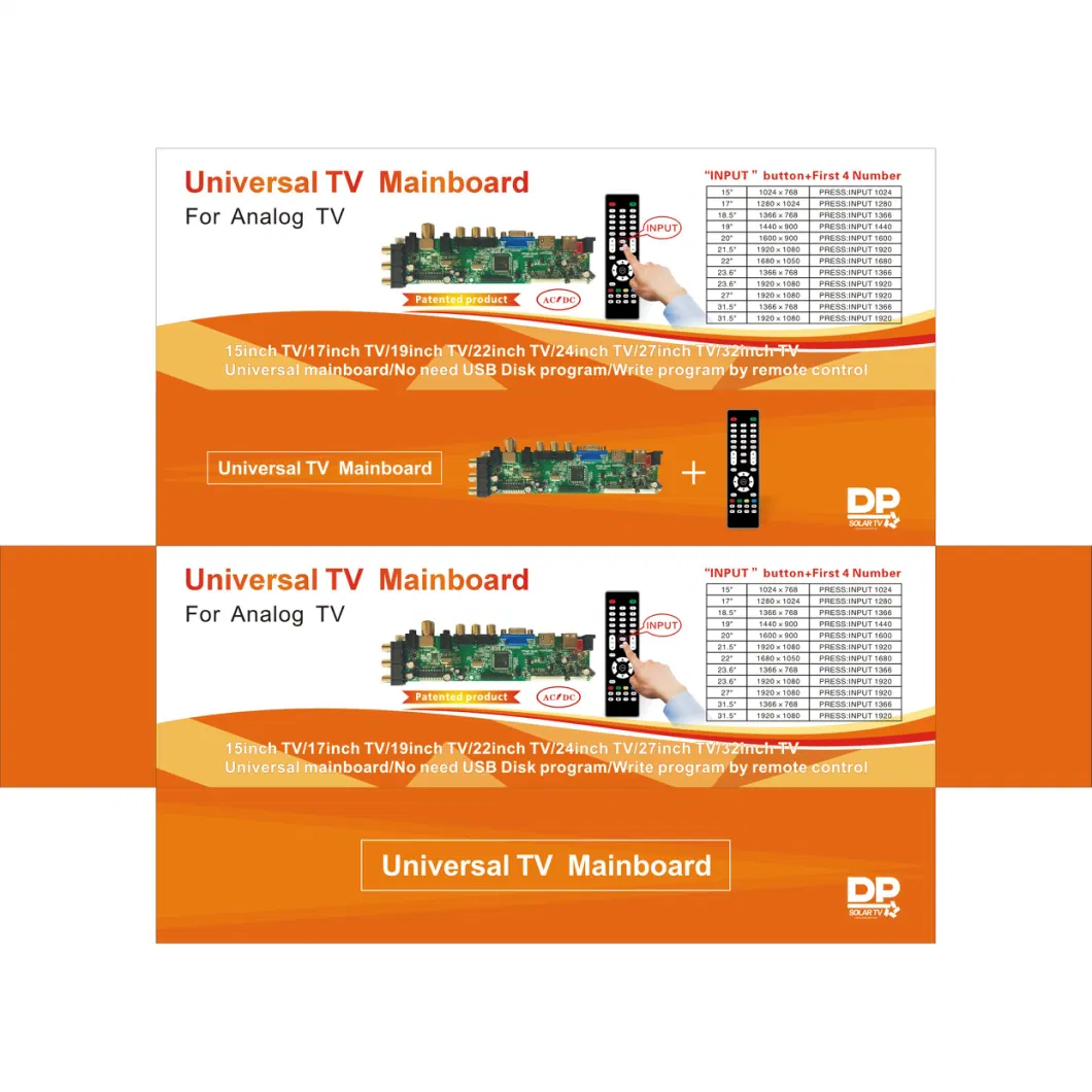 Universal TV Mainboard, 15-32 Inch No Need USB Update, by Remote, Patent No: Zl20*12062*037.2