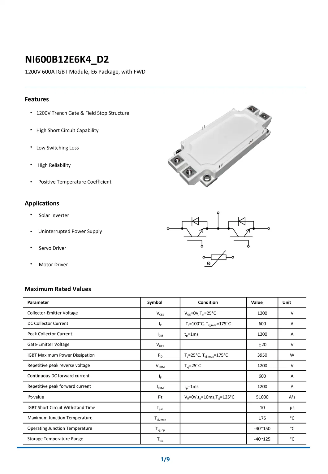 1200V 600A IGBT Module, E6 Package, with FWD and NTC High Short Circuit Capability Low Switching Loss NI600B12E6K4_D2