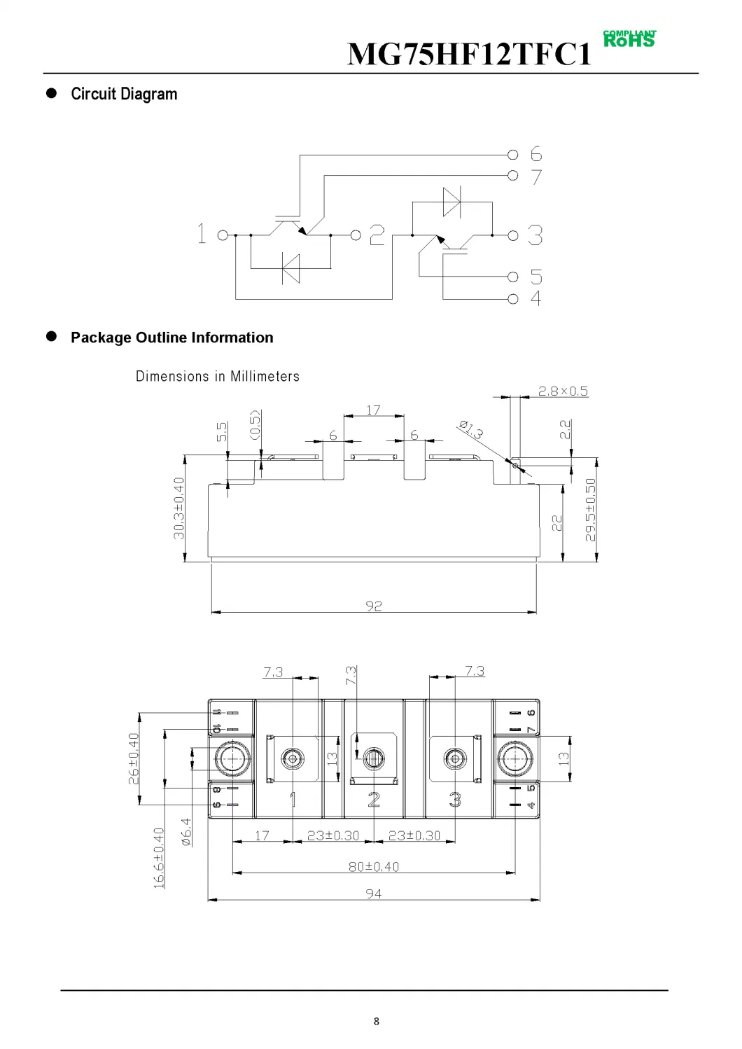 IGBT Modules VCES-1200V IC-75A Low inductance High short circuit capability(10us) fetures applications MG75HF12TFC1