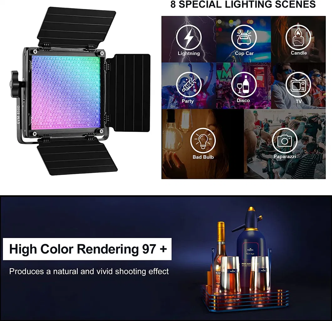 Gvm RGB Video Lighting, 360&deg; Full Color LED Video Light with APP Control, 3 Packs 850d Photography Lighting Kit CRI 97, Youtube, Aluminum Alloy