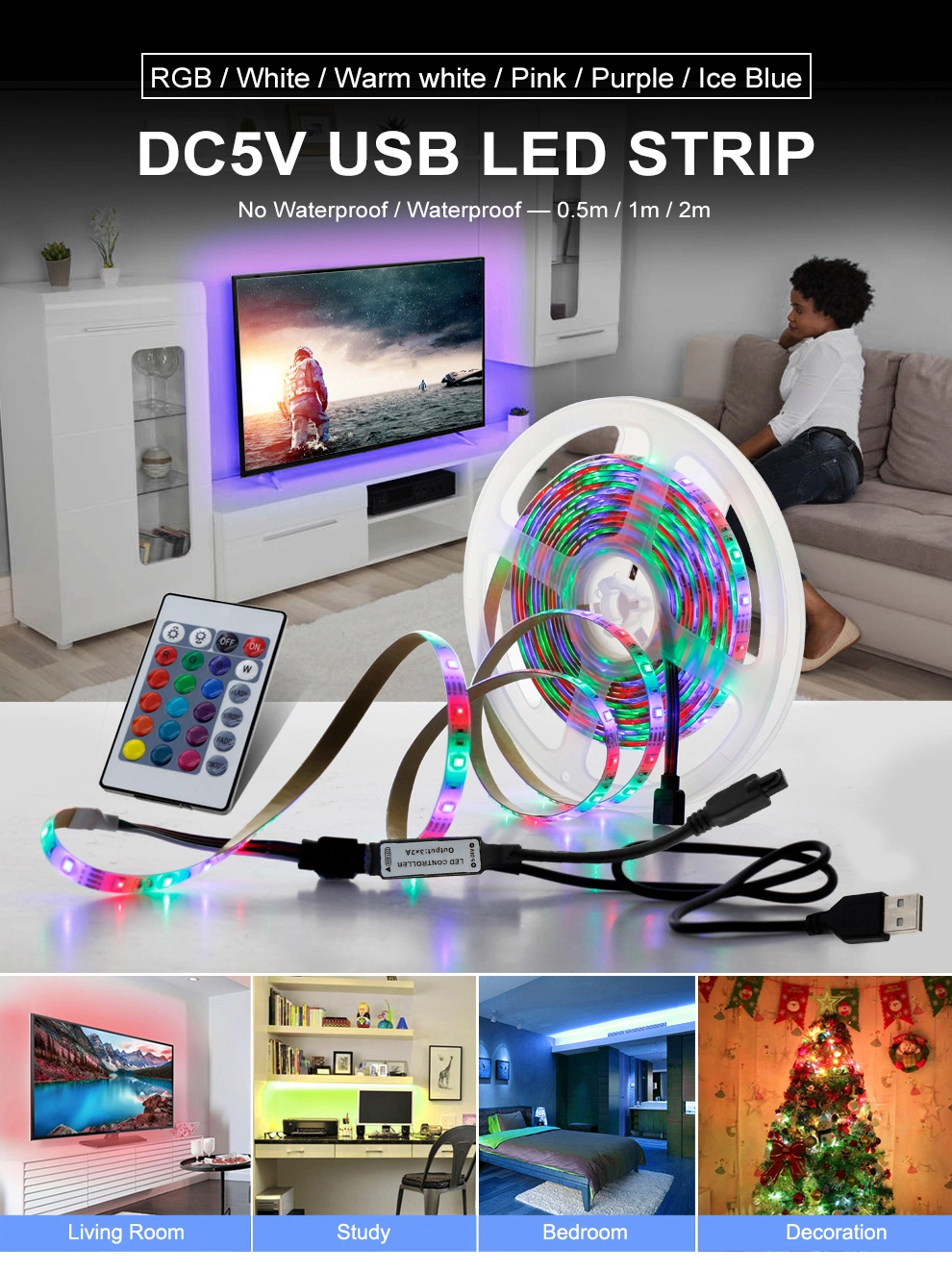 5V USB LED Strip Light 1m 2m Pink / Ice Blue / Warm White / White / RGB 2835 TV Background Lighting Decoracion Fairy Lights