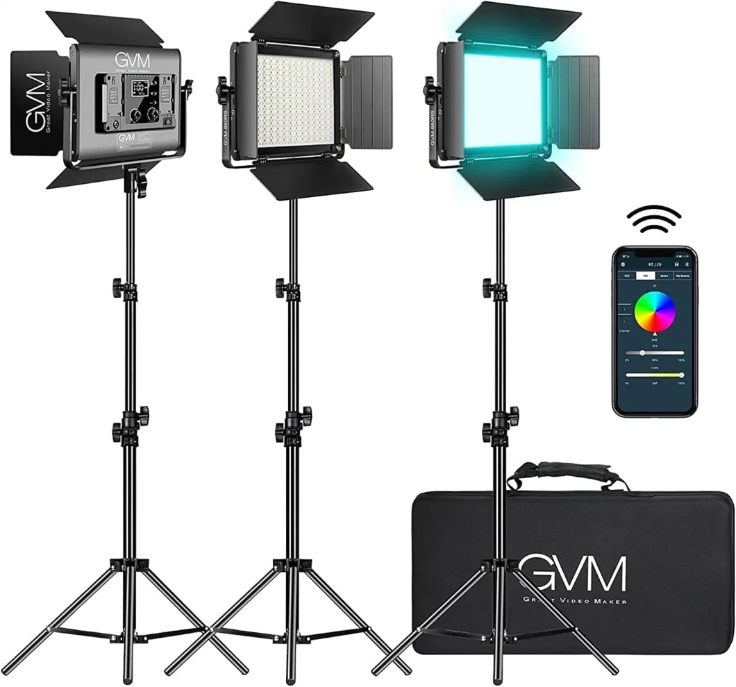 Gvm RGB LED Video Light with Bluetooth Control, 880RS 60W Photography Lighting Kit Dimmable LED Panel with LCD Screen, 3 Packs Studio Light for Youtube