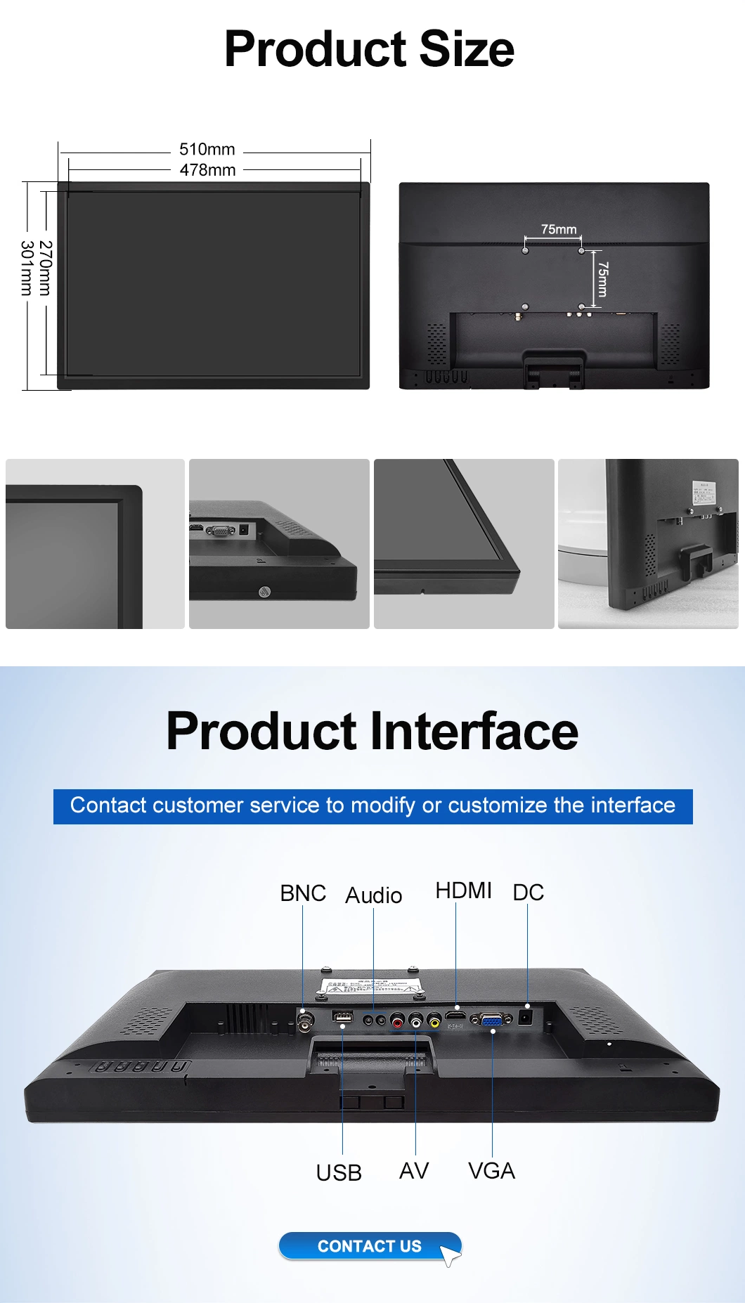 21.5 Inch 1920*1080 HDMI VGA AV BNC USB Non Touch Wide Screen Plastic TFT Vesa Wall Mounted Desktop Stand OEM ODM Industrial Factory POS CCTV Monitor