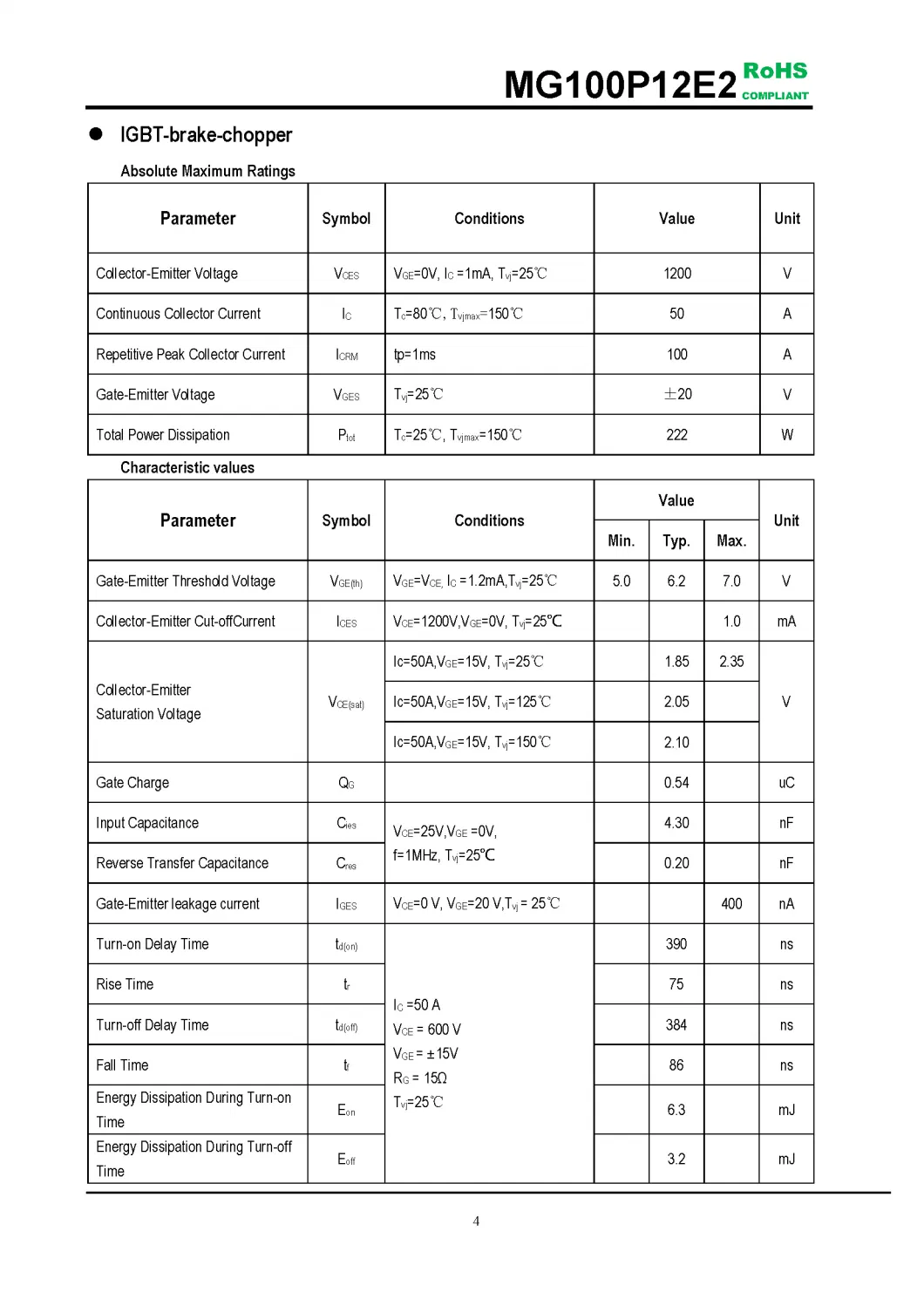 IGBT Modules VCES-1200V IC-100ALow Vce(sat) with Planner technology High short circuit capability(10us) MG100P12E2