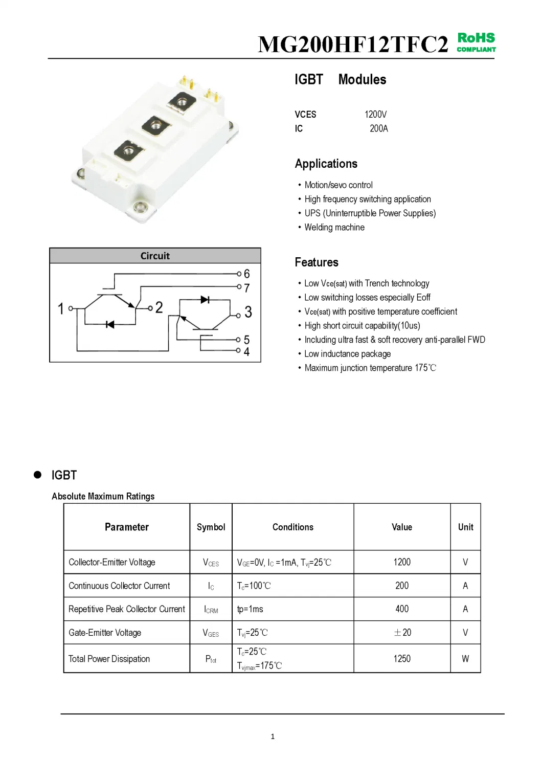 IGBT Modules VCES-1200V IC-200A Low Vce(sat) with Trench technology Low inductance MG200HF12TFC2