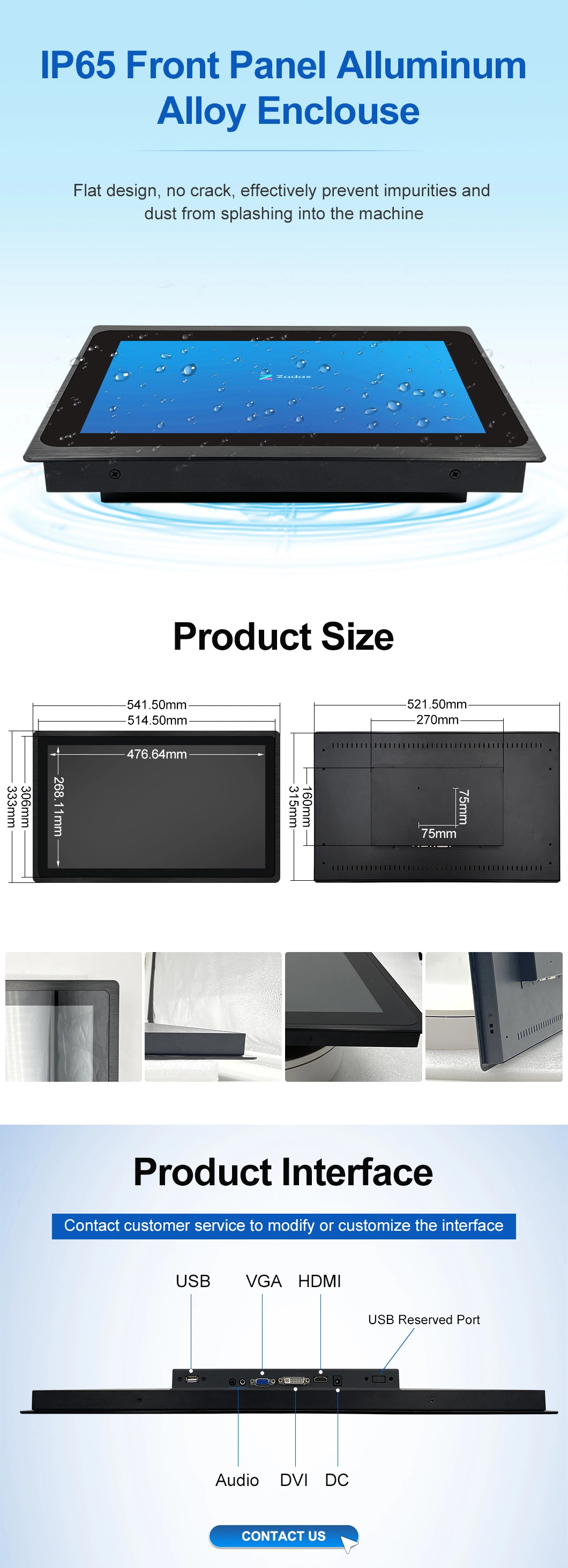 21.5 Inch IPS 1920*1080 HDMI VGA Non Touch Screen Metal Aluminum TFT Embedded Pure Flat OEM ODM Industrial LCD Monitor