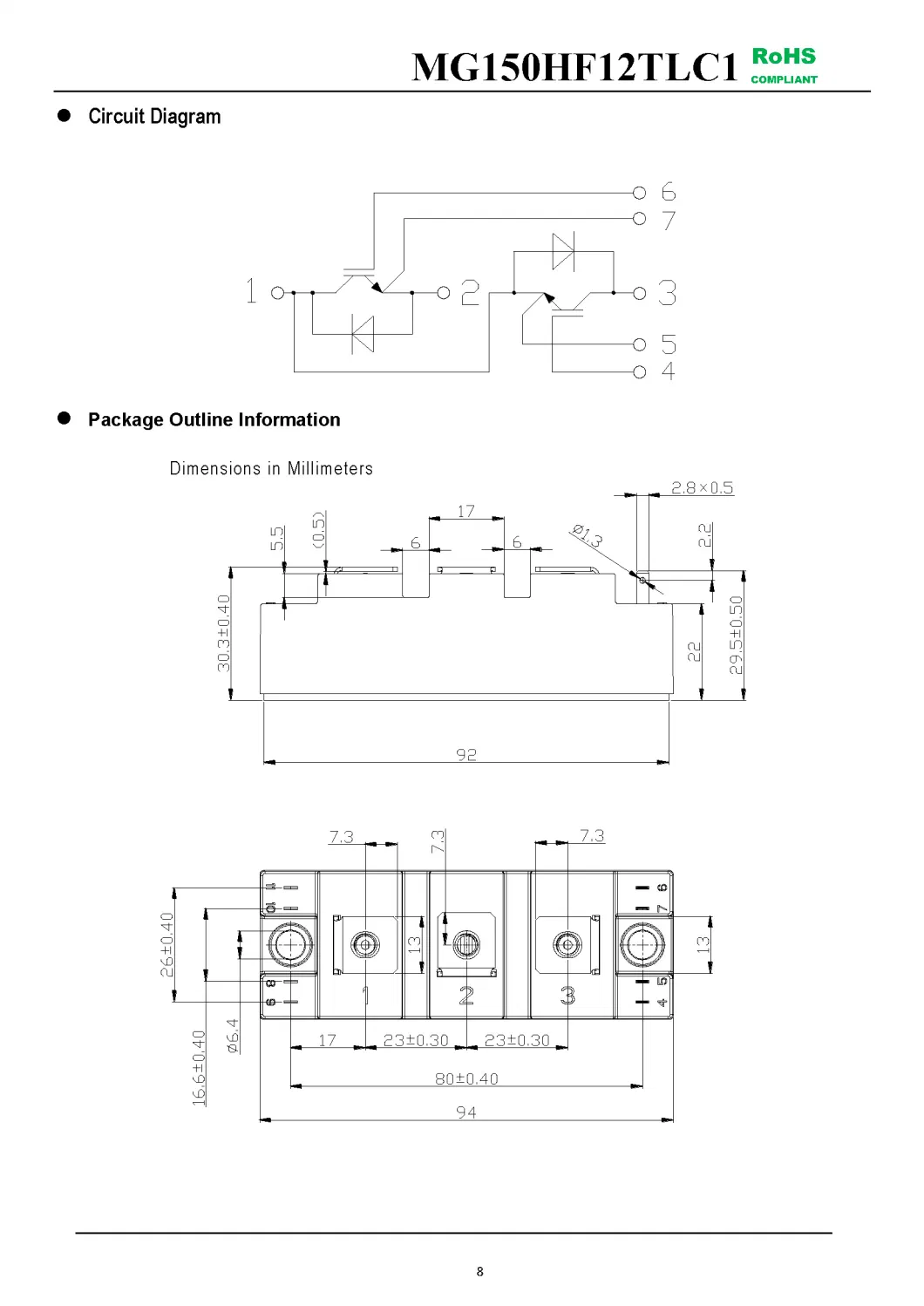 IGBT Modules VCES-1200V IC-150A Low inductance High short circuit capability(10us) fetures applications MG150HF12TLC1-1