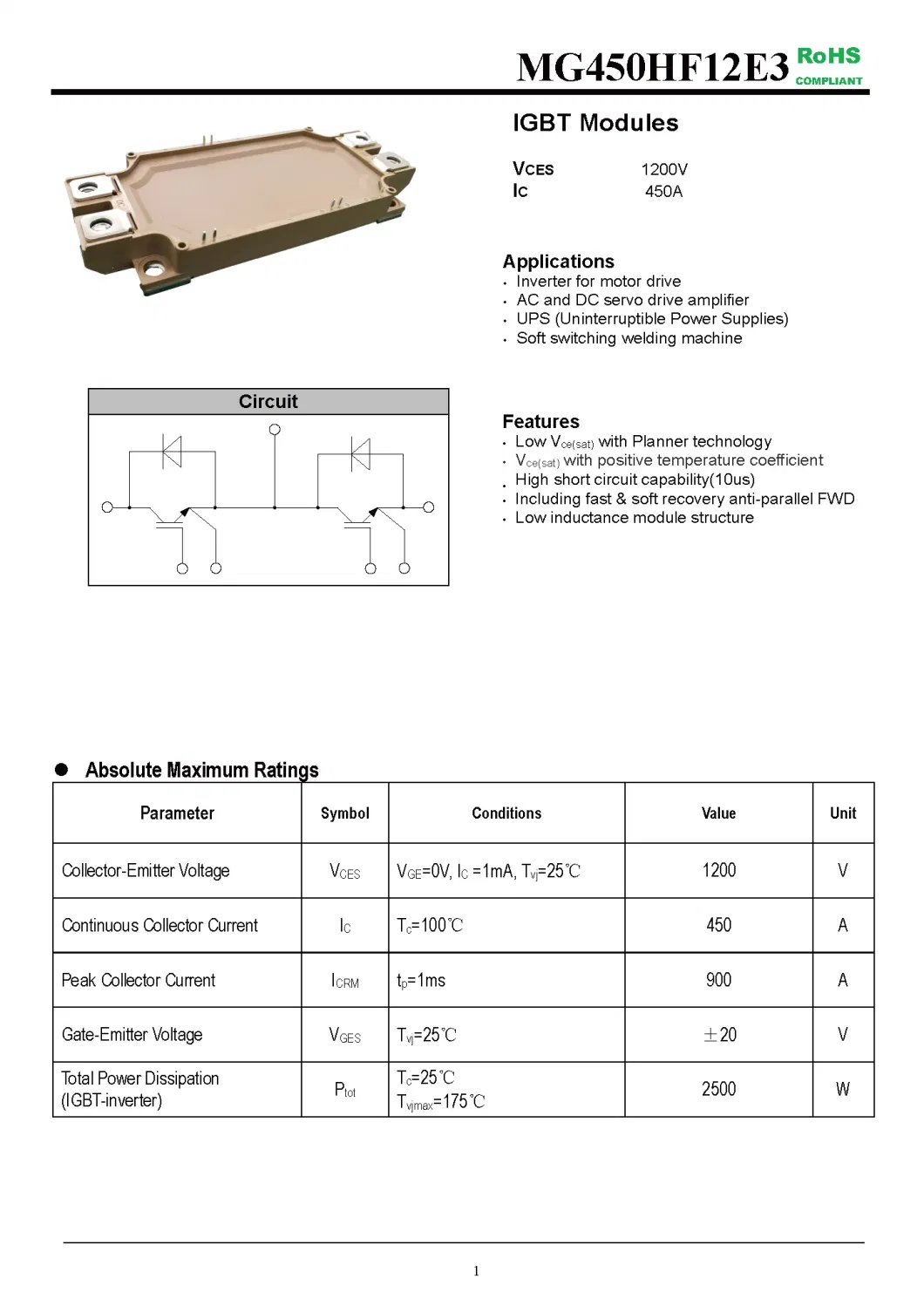 IGBT Modules VCES-1200V IC-450A High short circuit capability(10us) fetures applications MG450HF12E3