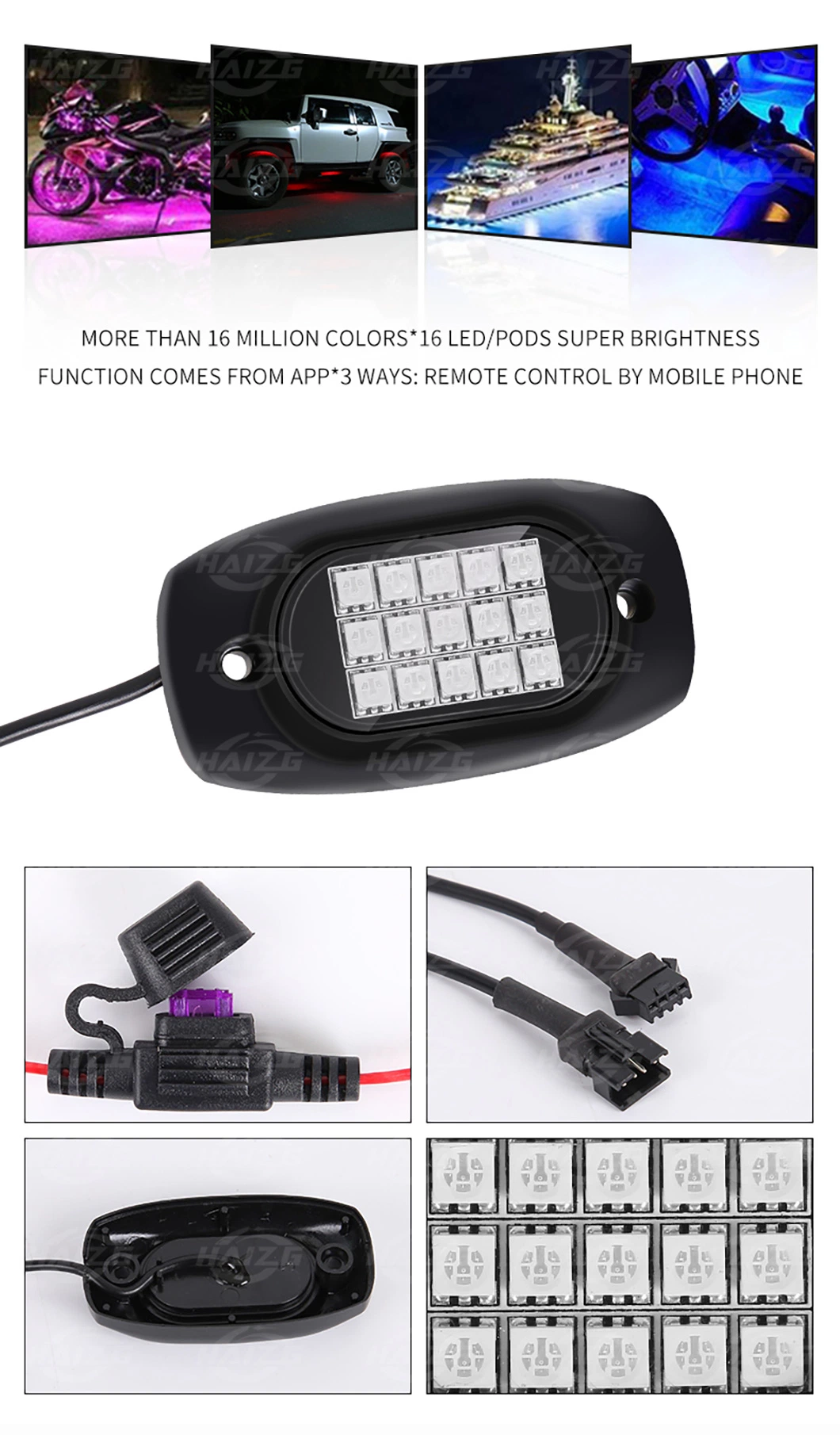 Haizg Car Ambient Lamp RGB APP Control 4PCS 6PCS 8PCS Underglow Rock Light Car Atmosphere Chassis Lights