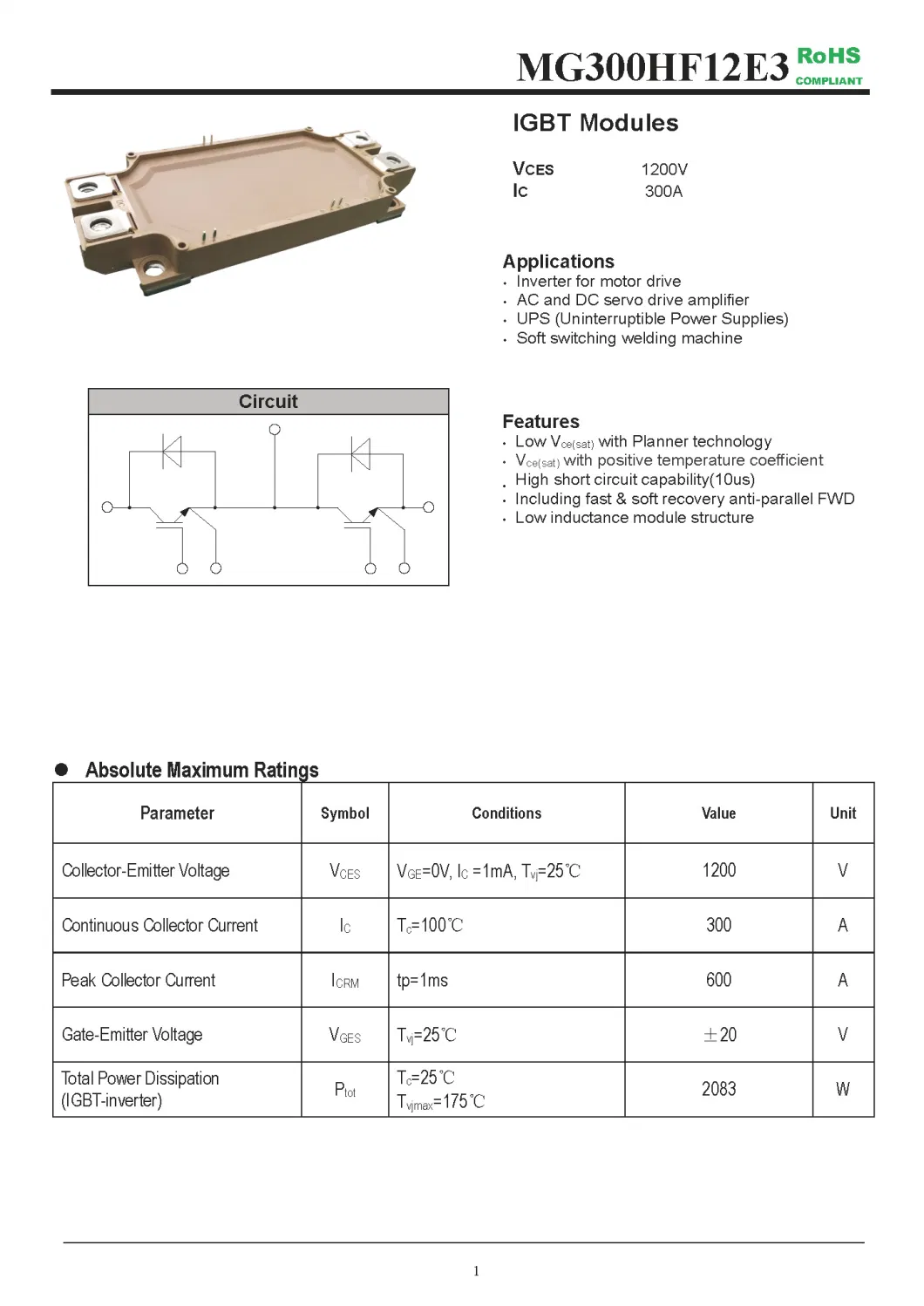 IGBT Modules VCES-1200V IC-300A High short circuit capability(10us) fetures applications MG300HF12E3