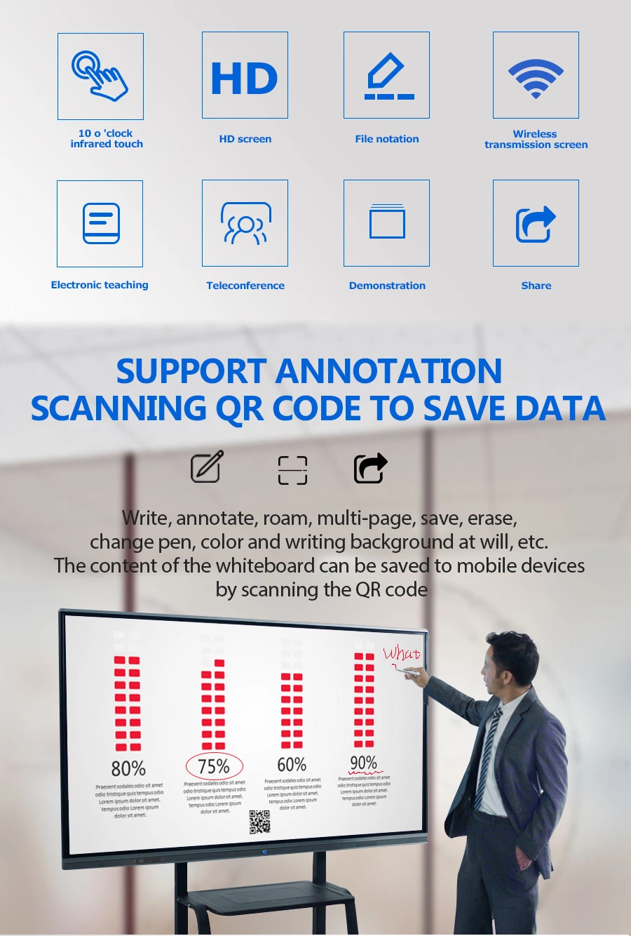 Factory Direct 55&quot; LED Smart Board TV Kiosk 65&quot; PC LCD IR Touch Screen 75&quot; Interactive Whiteboard 86 Inch Smart Board TV