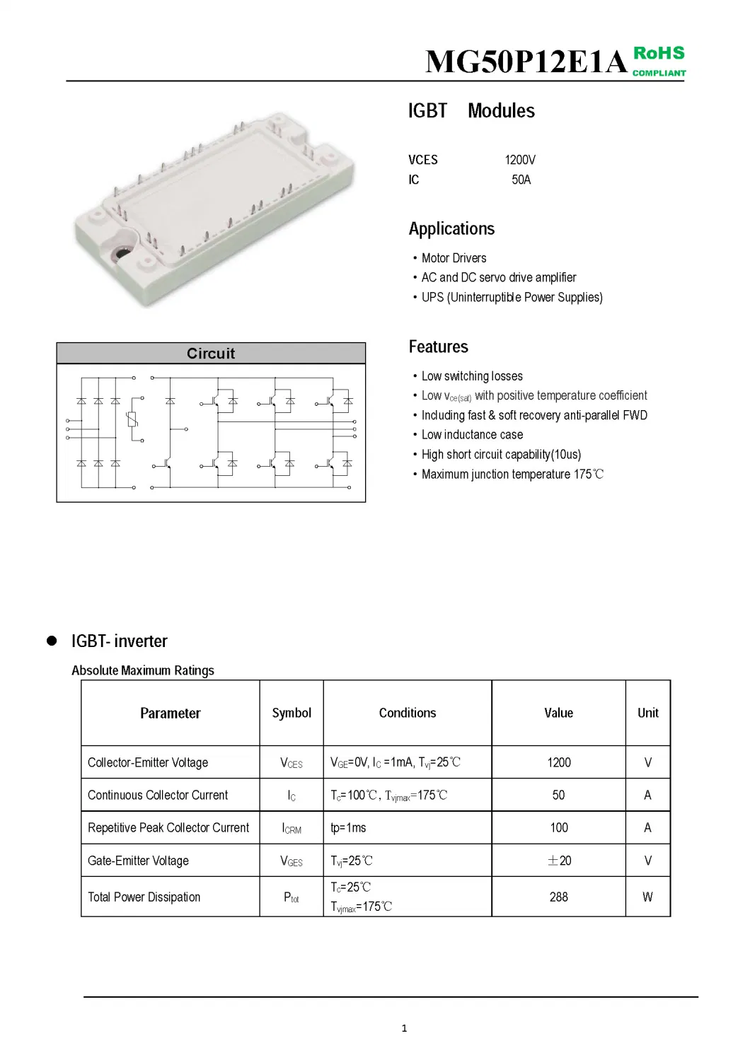 IGBT Modules VCES-1200V IC-50A Low switching losses High short circuit capability(10us) MG50P12E1A