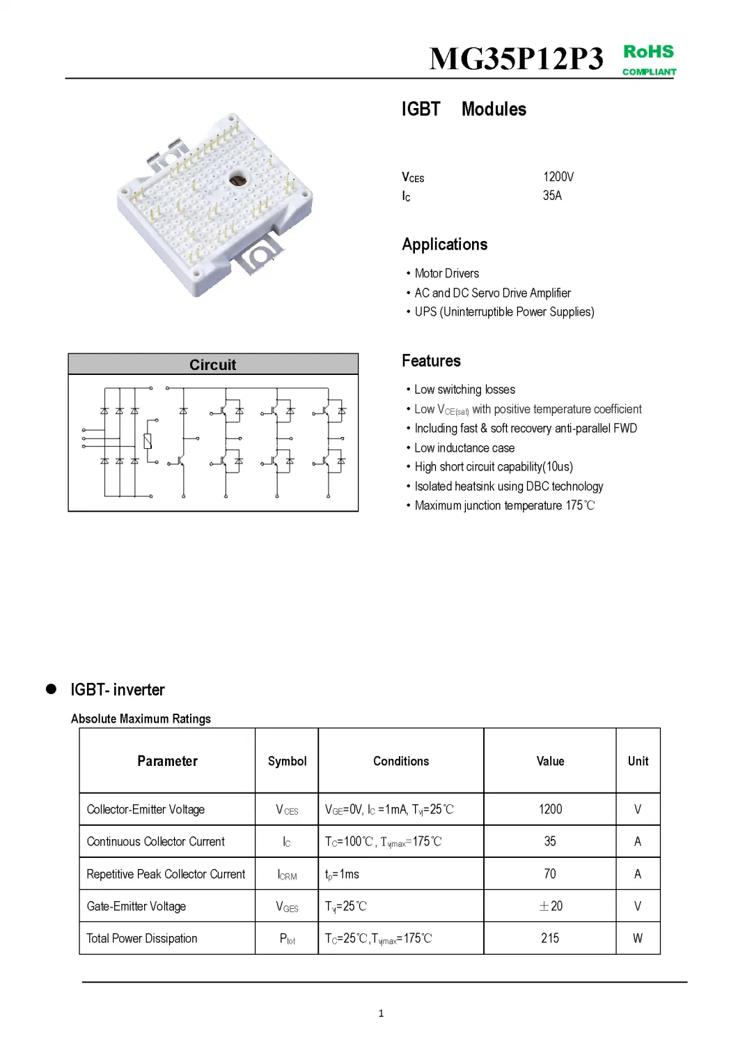 IGBT Modules VCES-1200V IC-35A Low switching losses Low inductance case fetures applications MG35P12P3-1