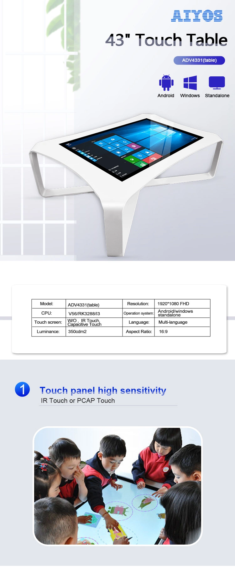 Aiyos 43 Inch Interactive Advertising LCD Touch Screen Display Smart Coffee/Bar Touch Table