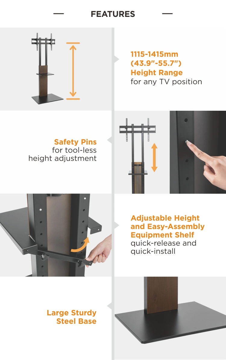 Modern Living Room Furniture Slim Height Adjustable TV Display Floor Stand with Equipment Shelf for LCD LED OLED TVs