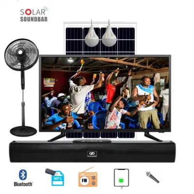 Комплект Amazon Hot Selling Solar TV System Kit с 32-дюймовым интеллектуальным экраном TV вентилятор пост. Тока LED освещение телефон зарядка MP3 FM радио Функция Bluetooth Singing для домашнего использования