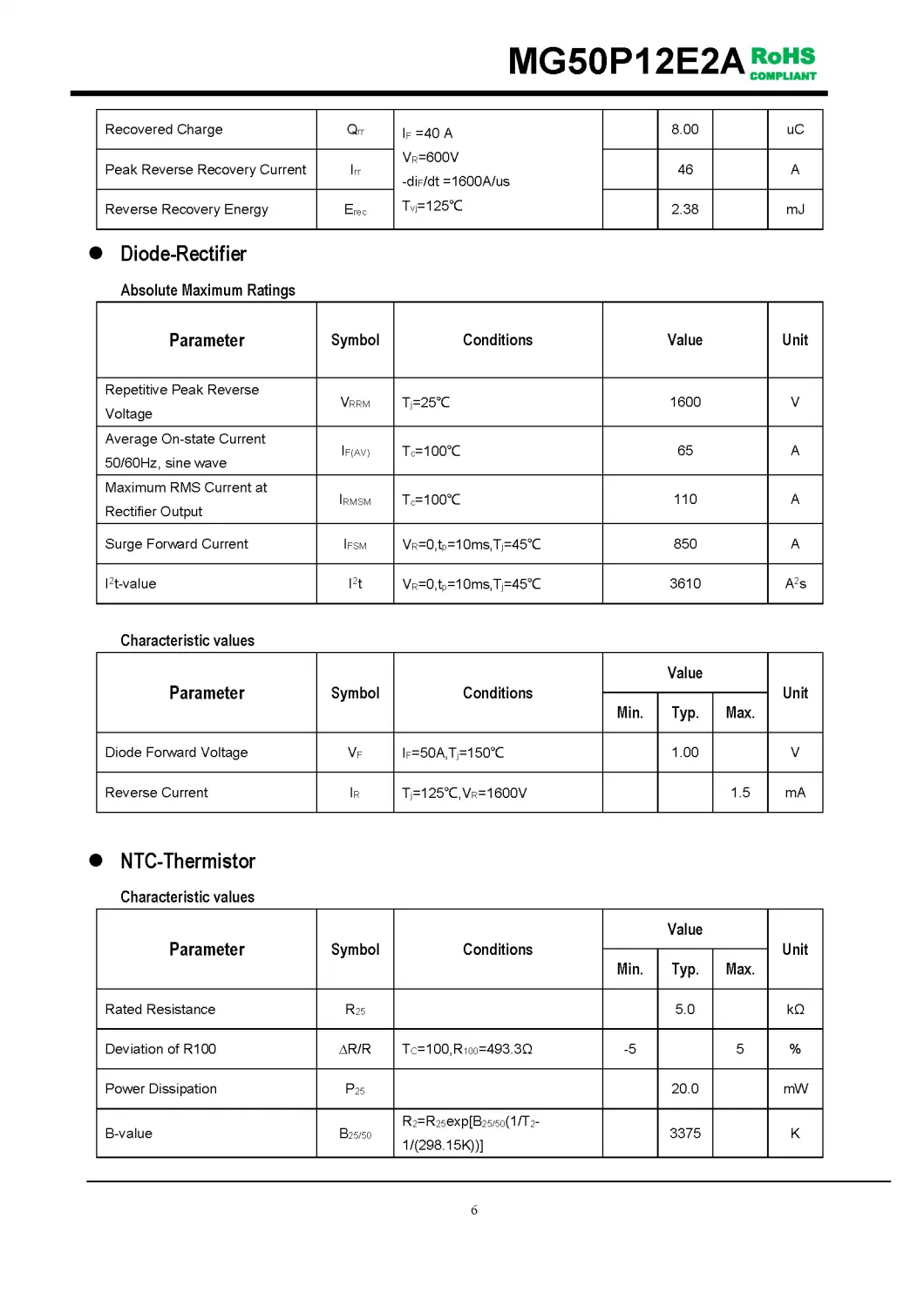 IGBT Modules VCES-1200V IC-50A Low Vce(sat) with Planner technology High short circuit capability(10us) MG50P12E2A