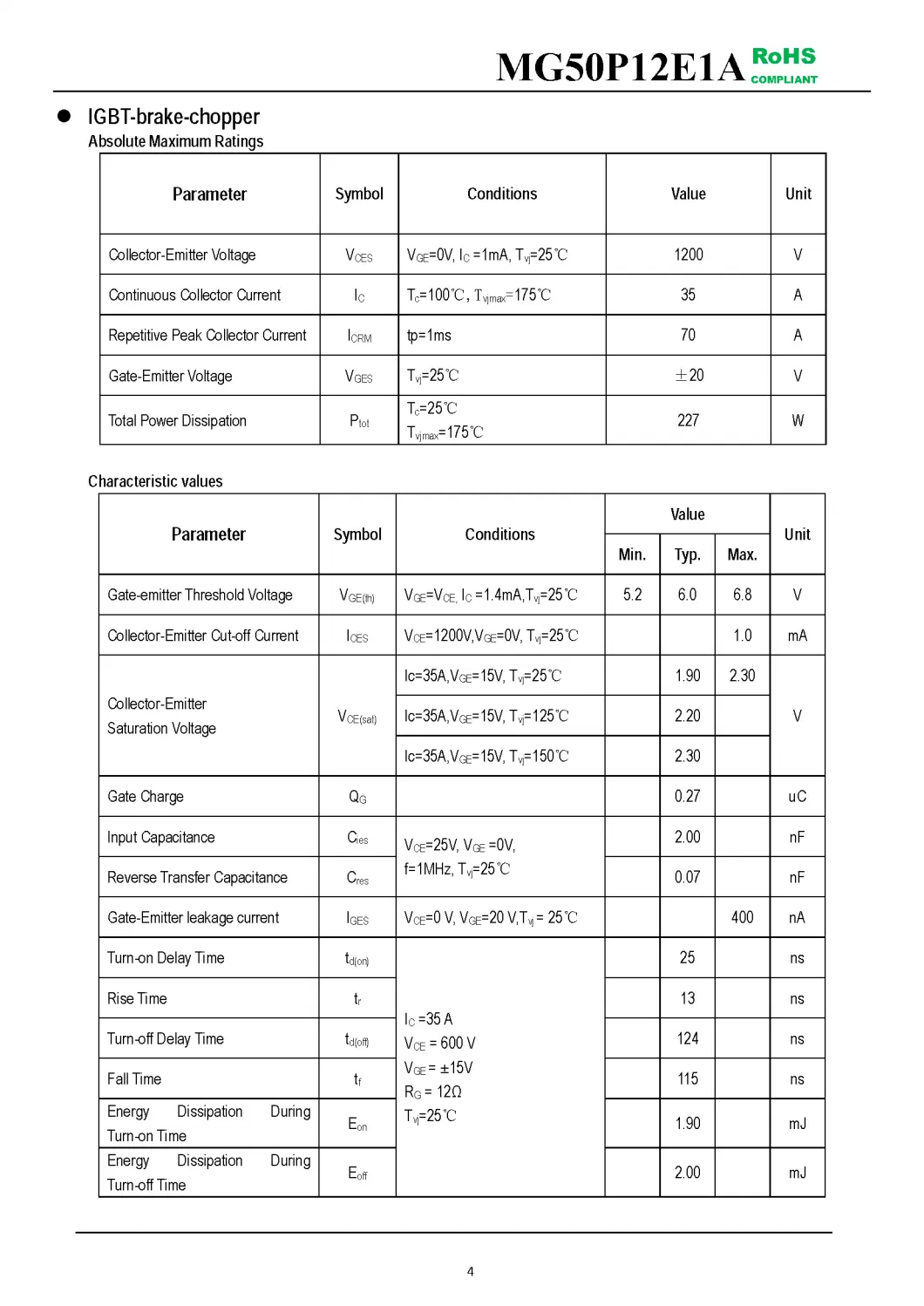 IGBT Modules VCES-1200V IC-50A Low switching losses High short circuit capability(10us) MG50P12E1A