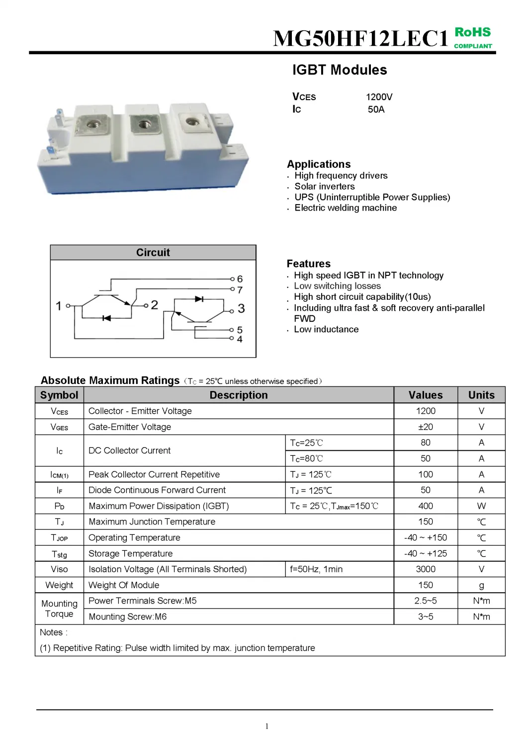 IGBT Modules VCES-1200V IC-50A High speed IGBT in NPT technology Low switching losses fetures applications MG50HF12LEC1