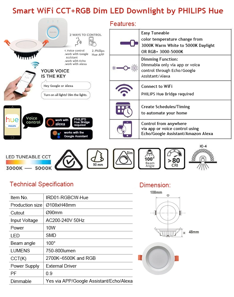 Smart Philips Hue Bridge APP Voice Controller Google Assistant Echo Amazon Alexa Control LED Down Light