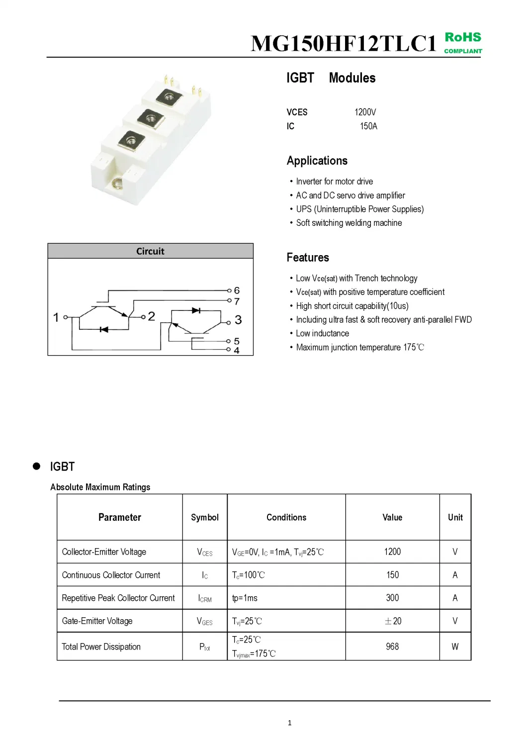 IGBT Modules VCES-1200V IC-150A Low inductance High short circuit capability(10us) fetures applications MG150HF12TLC1-1