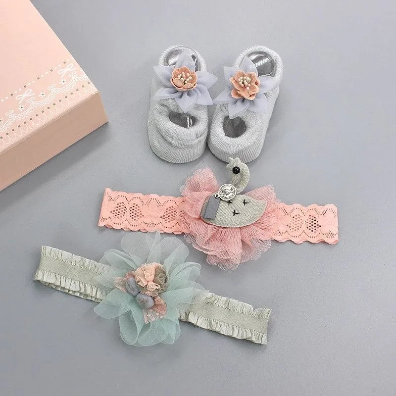 Popular Baby Hair Band Socks Set Baby Bow Soft Flower Girl Lace Crown Hairbands