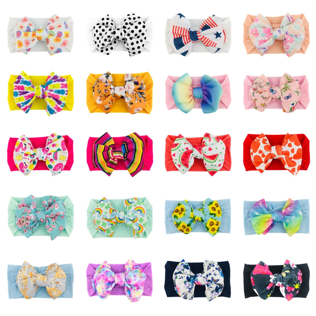 European Children&prime;s Soft Nylon Hair Ties Babies Printed Bubble Cloth Bow Elastic Headband