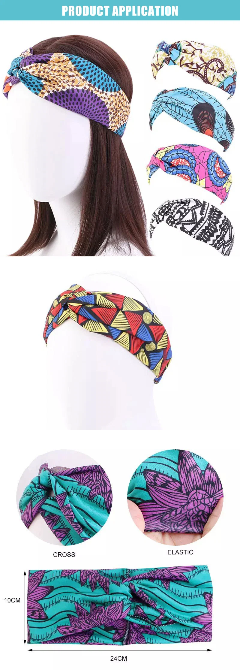 Summer Colored Watercolour Flower Print Woman Elastic Cross Knotted Headbands