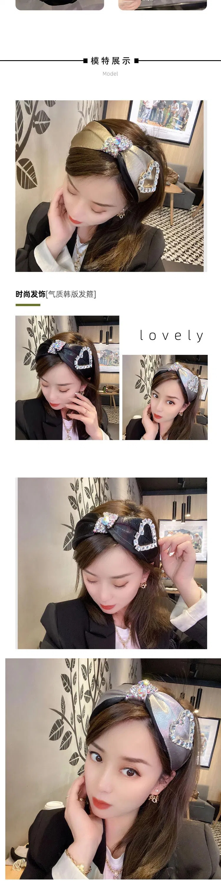 European and American Style Fashion Black Wide Hair Band Shiny Big Love Rhinestone Hoop Vintage-Inspired Handmade Hair Bands