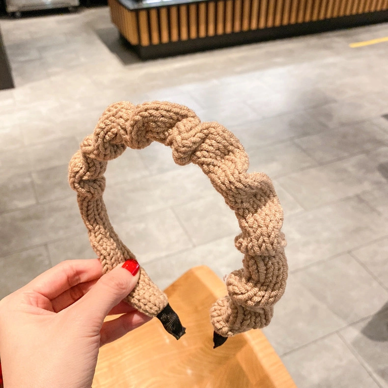 High Quality Autumn Winter Hair Accessories Solid Color Hairband Pleated Knitting Headband Women Knitted Head Hoop Hair Bands