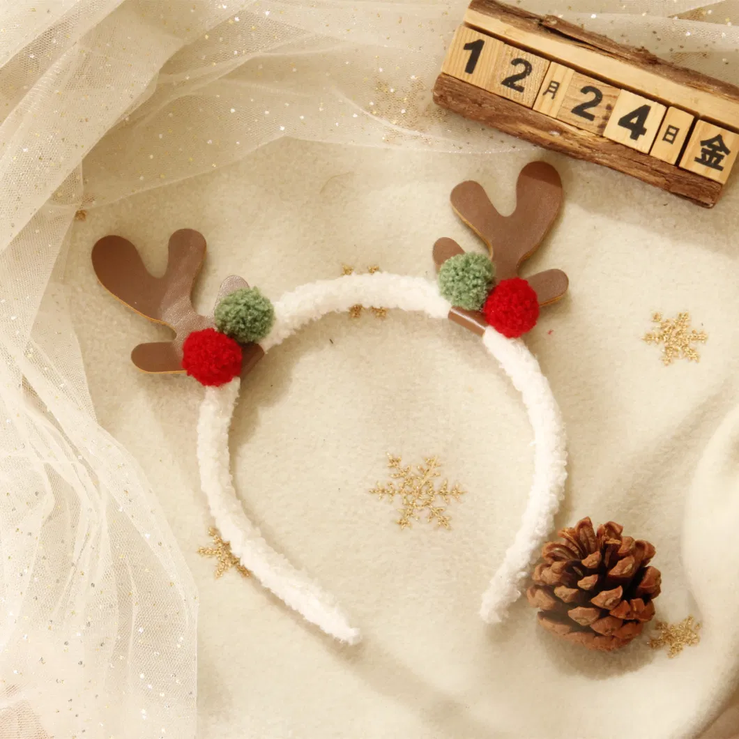 Christmas Headdress Antler Headband Elk Color Hair Ball Cute Girl Leather Antler Headband