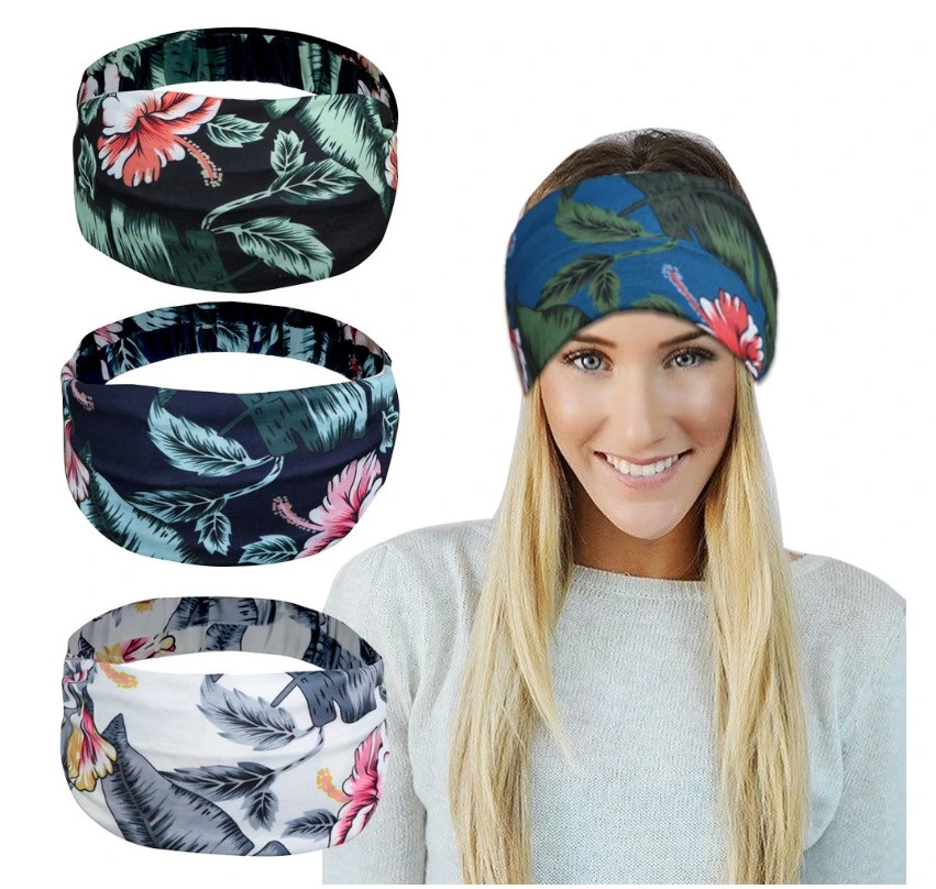 Knitted Printed Scrunchies Headband Ladies Banana Leaf Sports Headband Shower Headbands