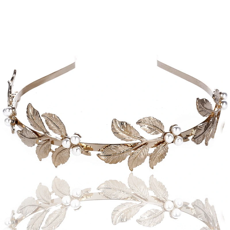 Baroque Golden Leaf Bridal Headband with Pearl Environmental Protection Party Accessories Gifts