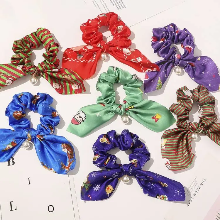 Wholesale Floral Printing Scrunchies Pearl Hair Tie Rainbow Silk Scrunchie Girl Hair Accessories Accessories