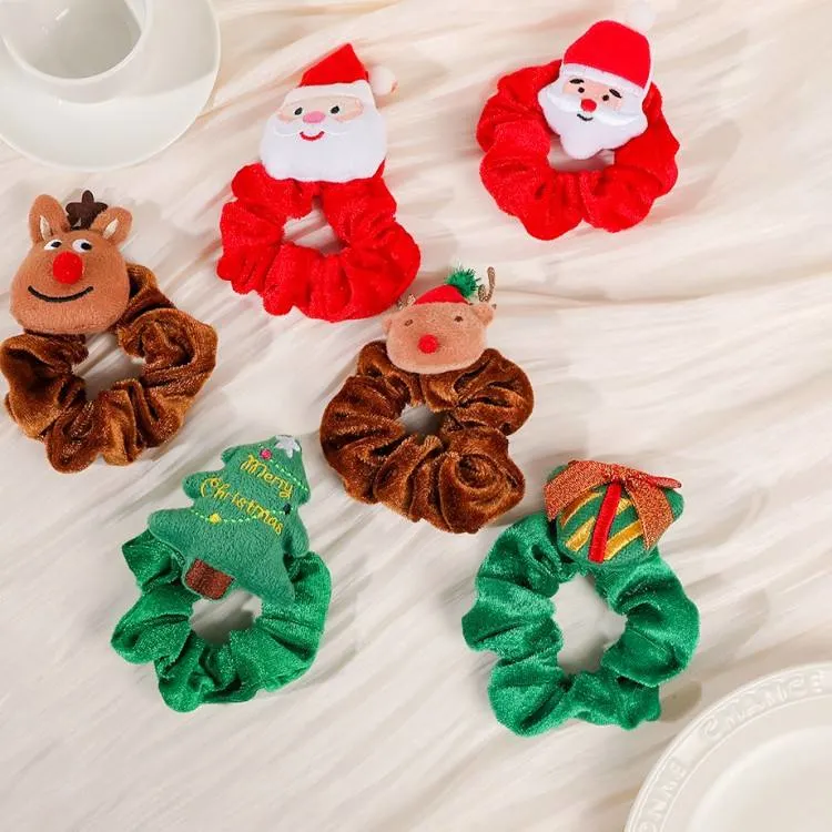 Fashionable Cute Babies Christmas Elk Hair Ties Velvet Fabric Xmas Brown Deer Rubber Hair Bands for Lovely Girls