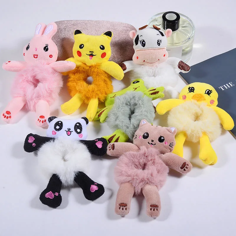 Newest Bear Rabbit Frog Panda Duck Rabbit Cartoon Plush Elastic Kids Hair Bands Cute Girl Hair Scrunchies POM Ponytail Ornaments