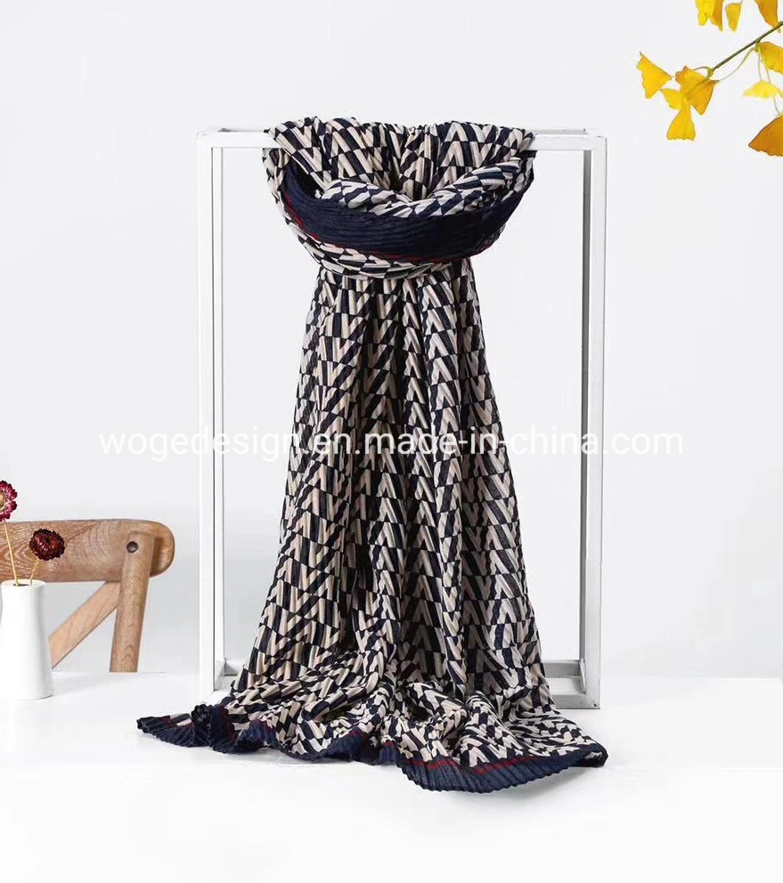 New Arrival Muslim Women Spring Modish Soft Zigzag Print Crinkle Crimp Mascadas Chapel Hijab Shawl Viscose Crumple Scarf