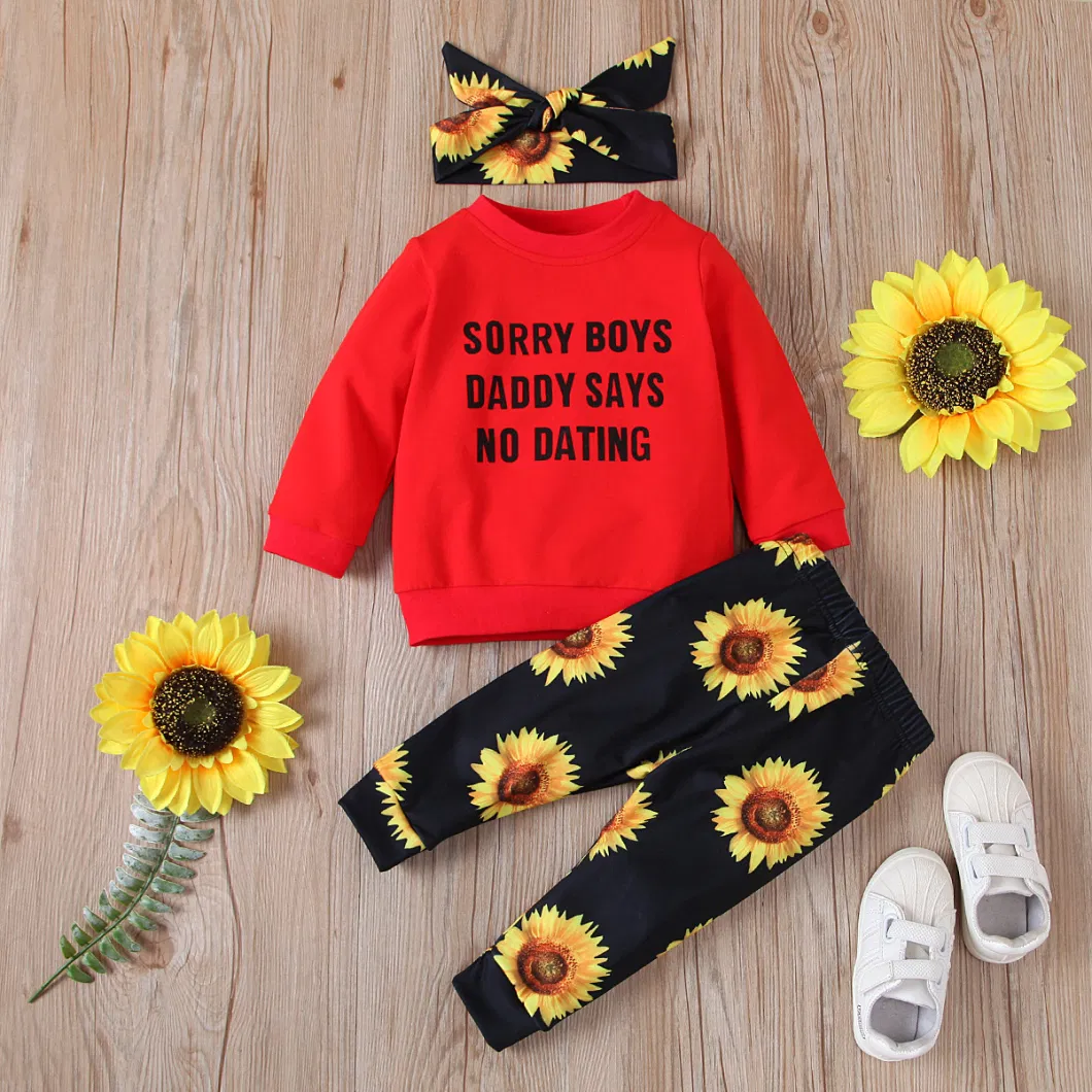 Children Clothes Set Letter Print Long Sleeve Sweatshirt Top and Sunflower Long Pants with Bow Headband Kids Casual Winter Outfit Esg16497