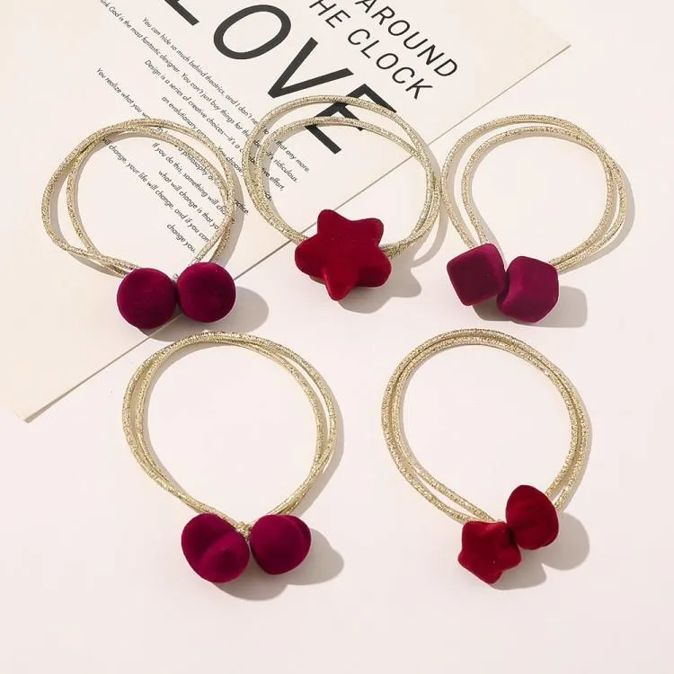 Elastic Gold Hair Tie Band with Red Velour Coating Love Heart Five Pointed Star Dice Hair Ring